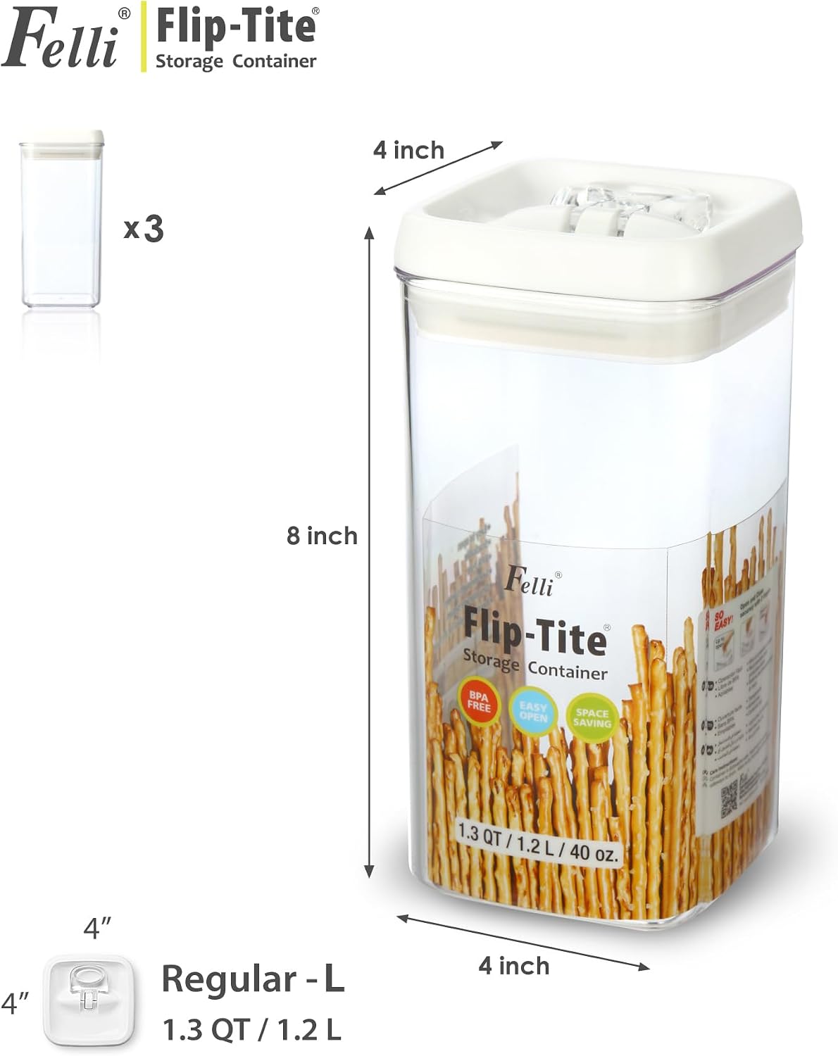 Felli Flip Tite Food Storage Container with Lid Airtight 3 Pack (1.2L)