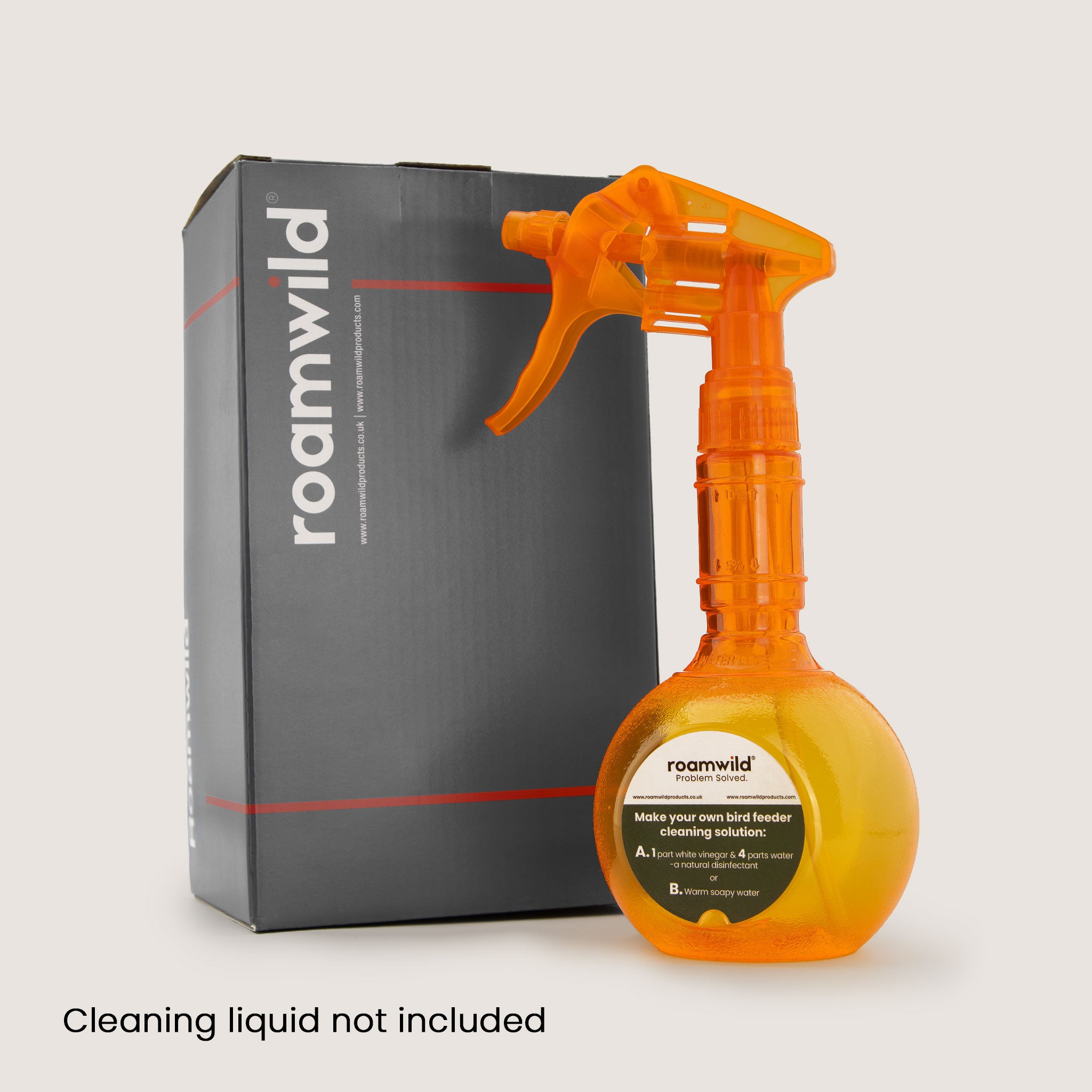Roamwild Feeder Cleaning Spray Bottle packaging showing key product features