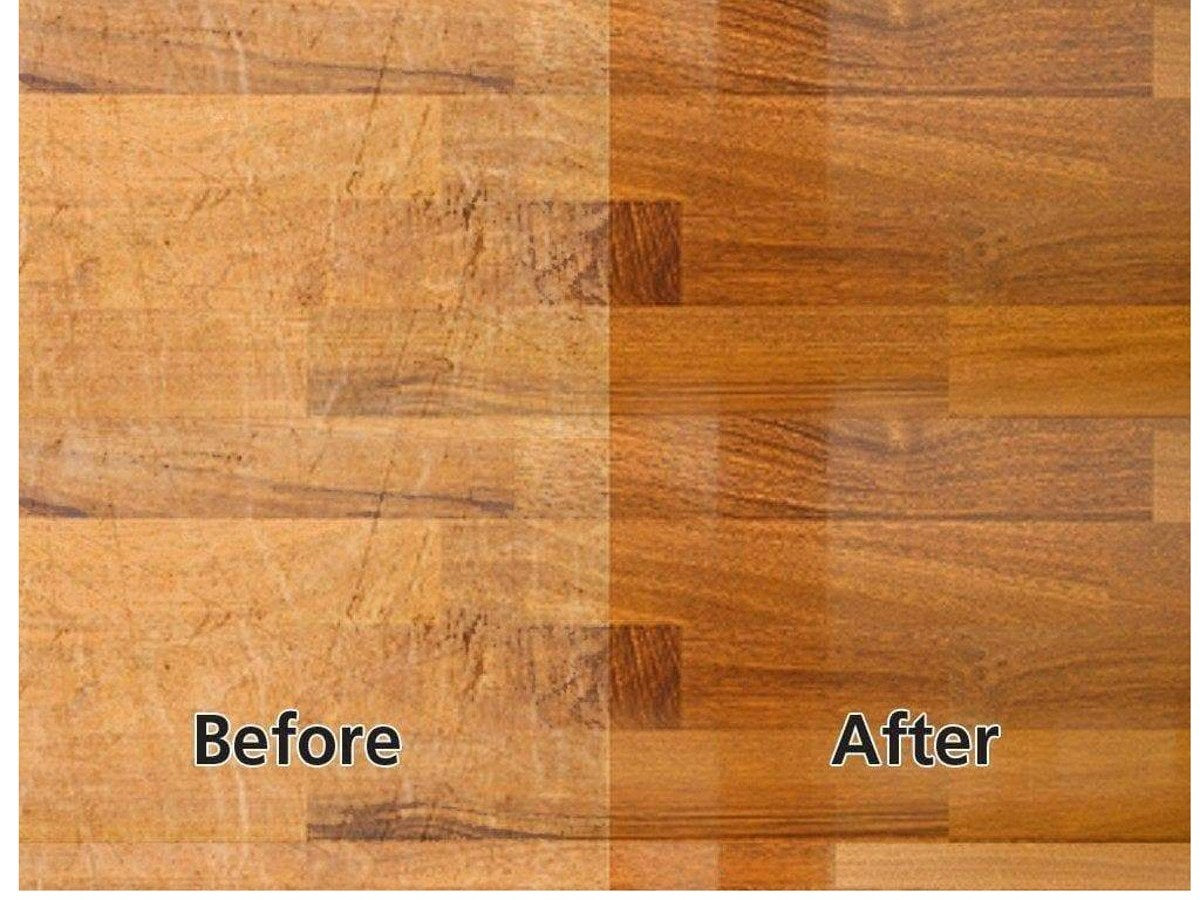 Scratched sealed hardwood floor before and after Rejuvenate All Floors Restorer