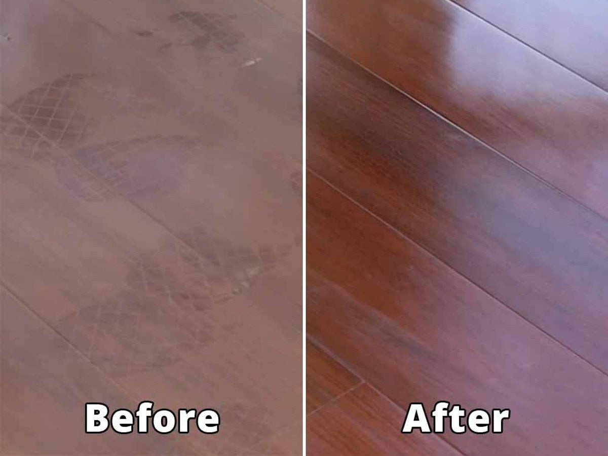 Dull, scratched dark wood floor before and after one coat of Rejuvenate All Floors Restorer
