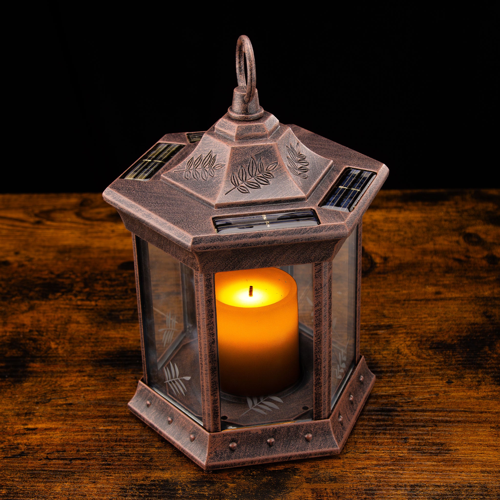 Paradise Solar Power Flickering Candle Square Lantern Antique Copper