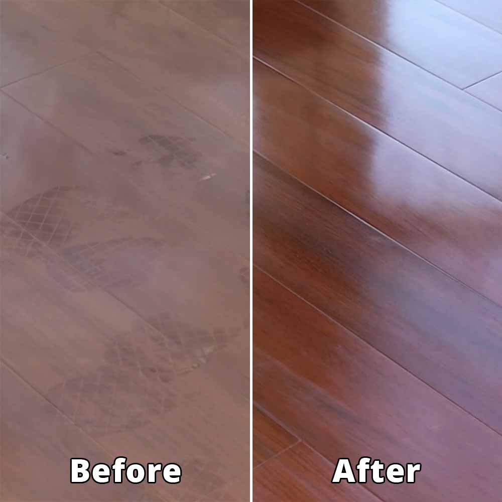 Before and after: a scratched, dull dark wood floor restored to a high-gloss shine with one coat