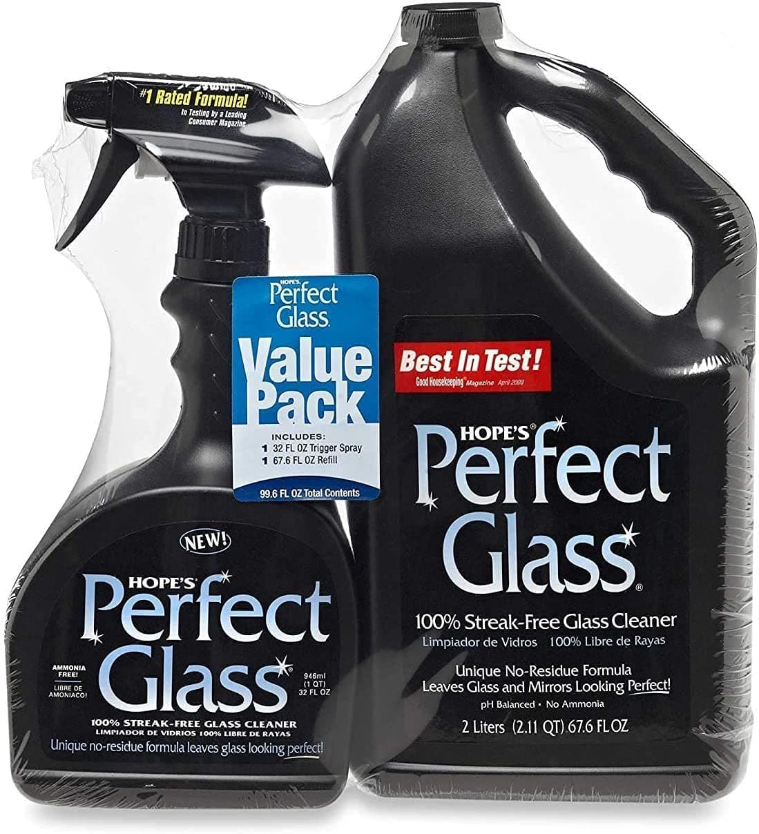 Hope's Perfect Glass Cleaner 2 Piece | 950 ml Spray Bottle and 2 Litre Refill Bottle