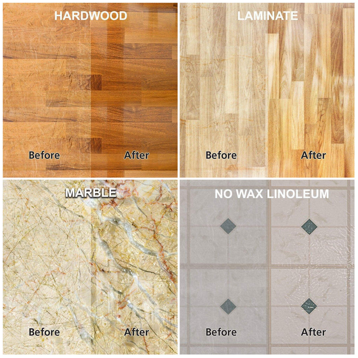 Before and after results on hardwood, laminate, marble and no-wax lino floors