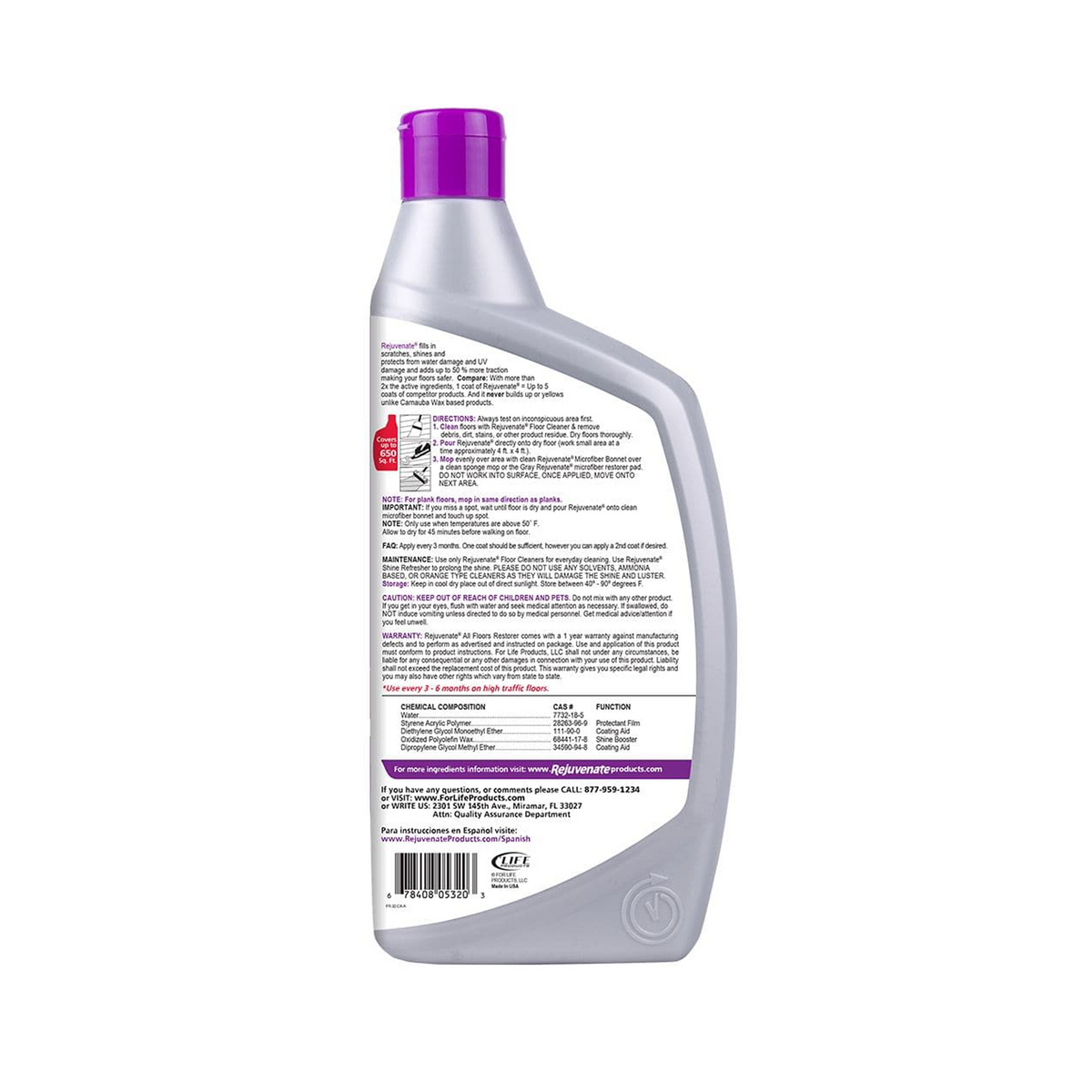 Back label of Rejuvenate All Floors Restorer with full directions and precautions